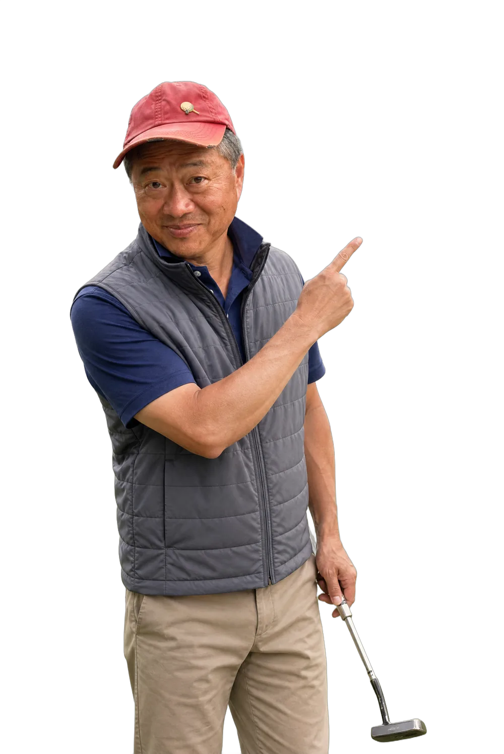 The coach, putter in hand, pointing up at the headline