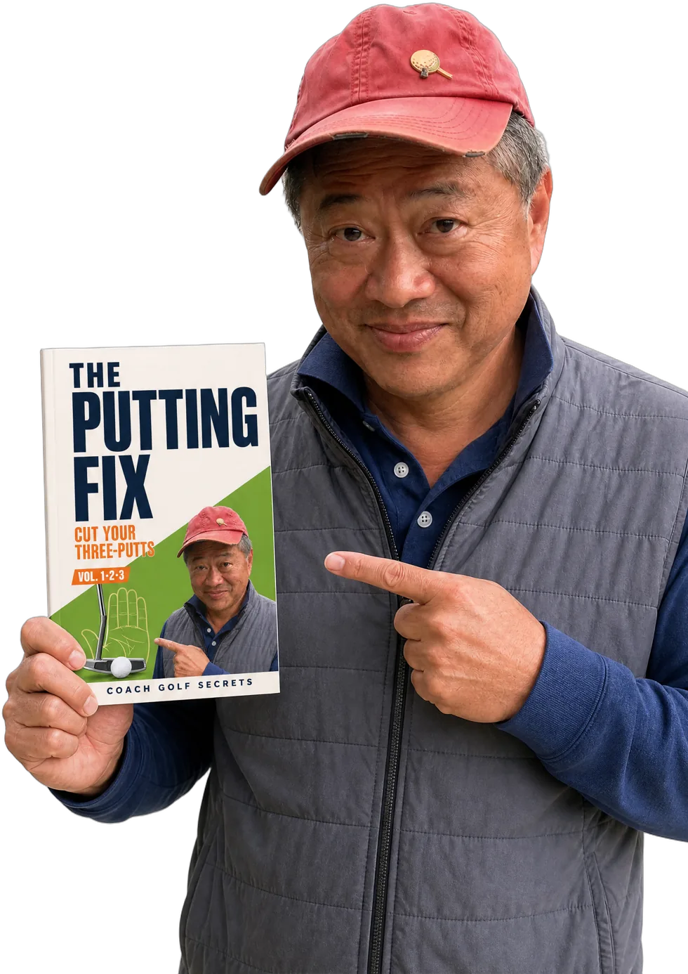 The coach holding The Putting Fix and pointing at it